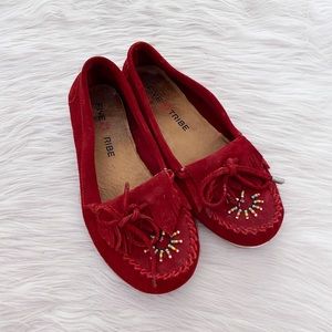 Five Tribe Red Suede Beaded Moccasin Flats